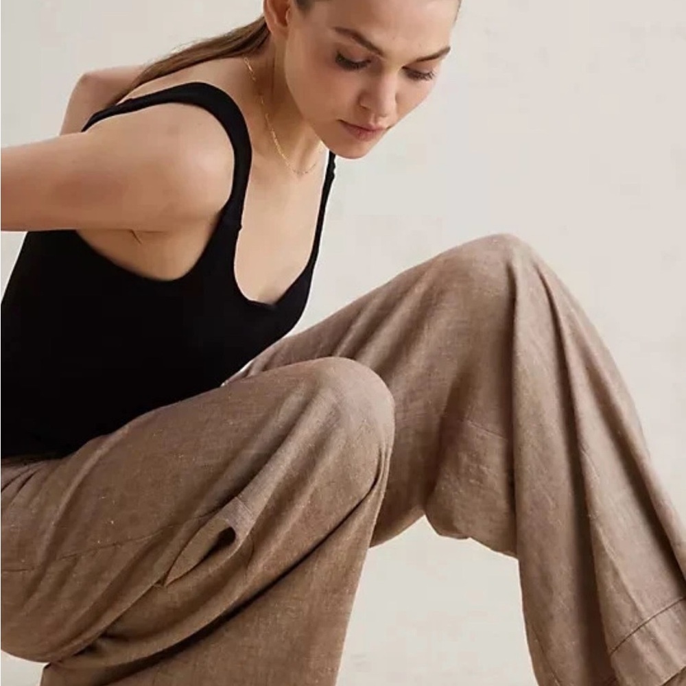 Anthropologie Linen Blend Wide Leg Pants Tan High Rise Size 12 - Picture 6 of 8